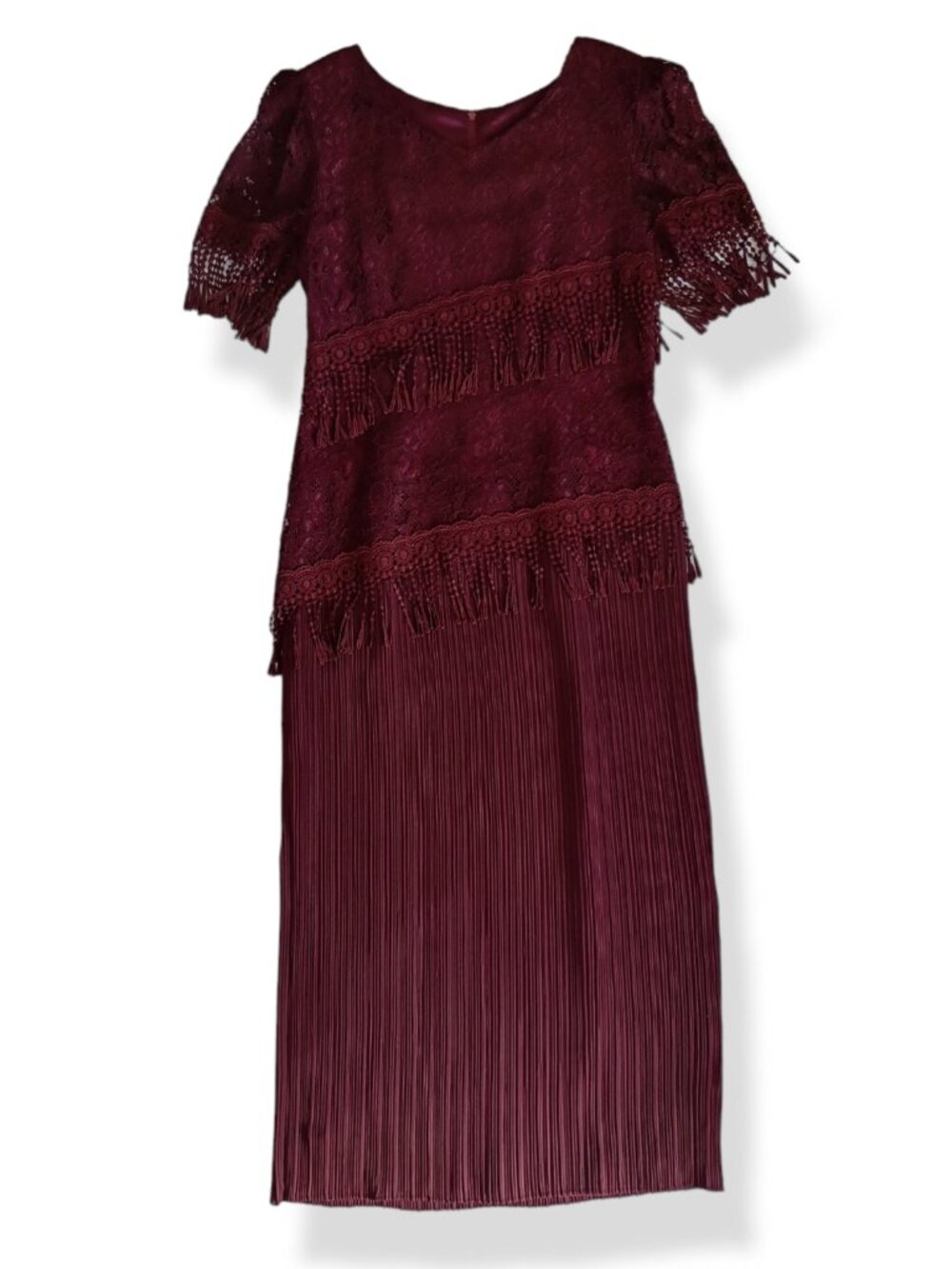 Aspeed Maxi Dress Red Modest Evening Wear Lace Pleated Fringe Maroon Long Size M